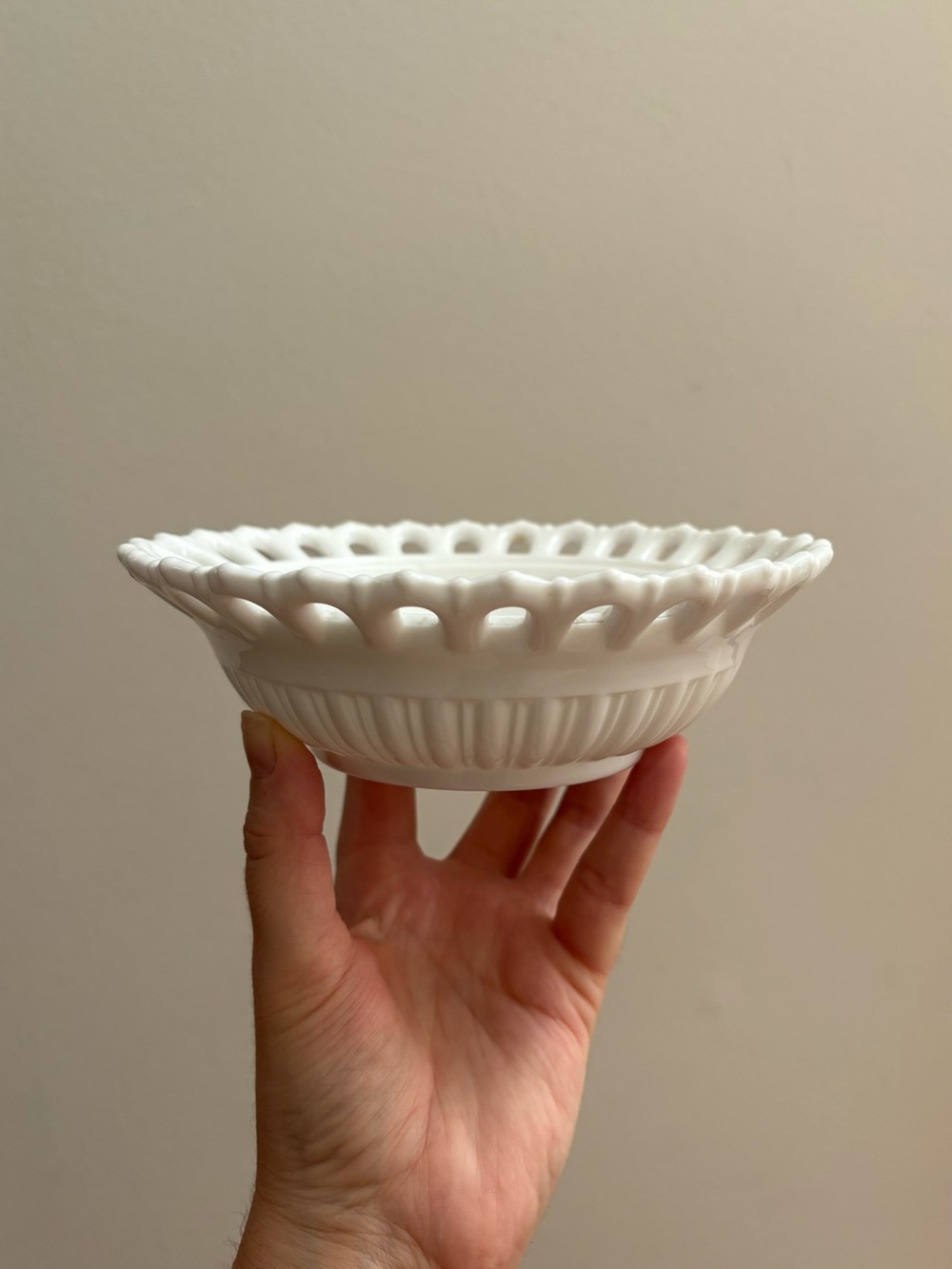 Vintage 1960's Mid Century Fostoria Randolph White Milk Glass Bowl with Lace Rim